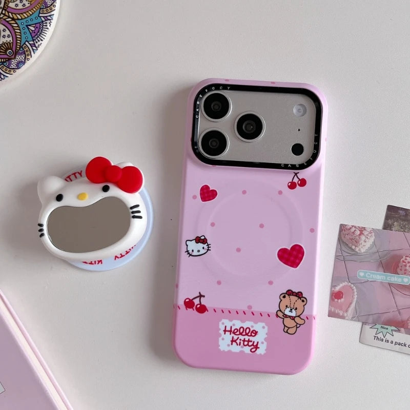 Cute Sanrio Hello Kitty Magnetic Makeup Mirror Holder Magsafe Wireless Charge Phone Case For iPhone