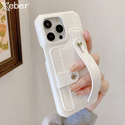 Slot Card Bag Wrist Strap Holder Leather Wallet Phone Case For iPhone