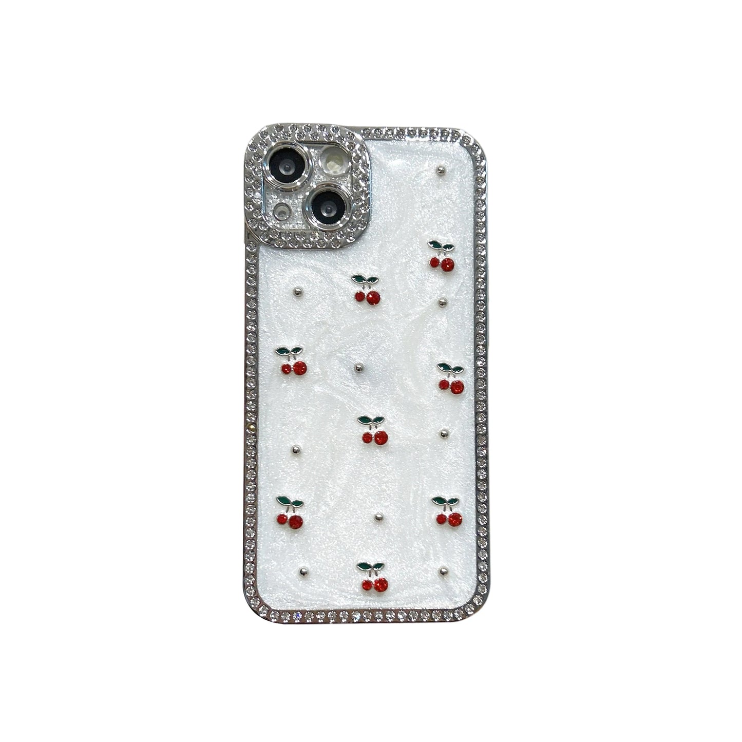 Glamorous & Sweet Zircon Frame Sparkling White Cherry Pattern Chic Phone Case