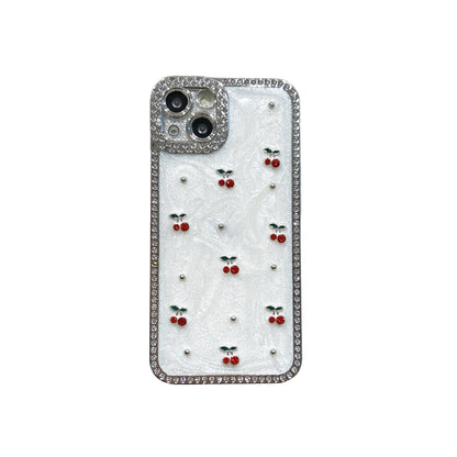 Glamorous & Sweet Zircon Frame Sparkling White Cherry Pattern Chic Phone Case