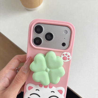 Kawaii 3D Cartoon Cat Rotate Lucky Clover Grip Tok Phone Holder Case For iPhone