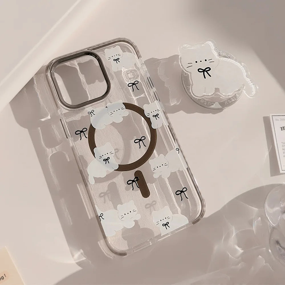 Korean Cute Cartoon Cat Transparent Magnetic Holder Phone Case  For iPhone