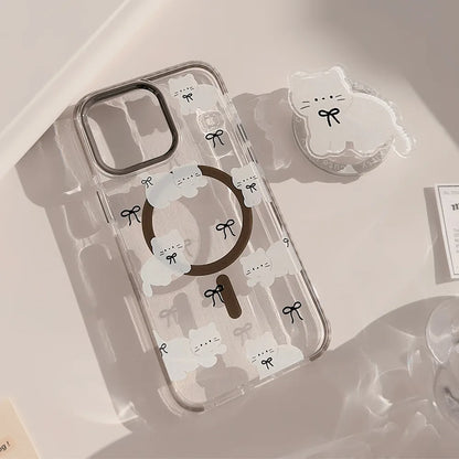 Korean Cute Cartoon Cat Transparent Magnetic Holder Phone Case  For iPhone