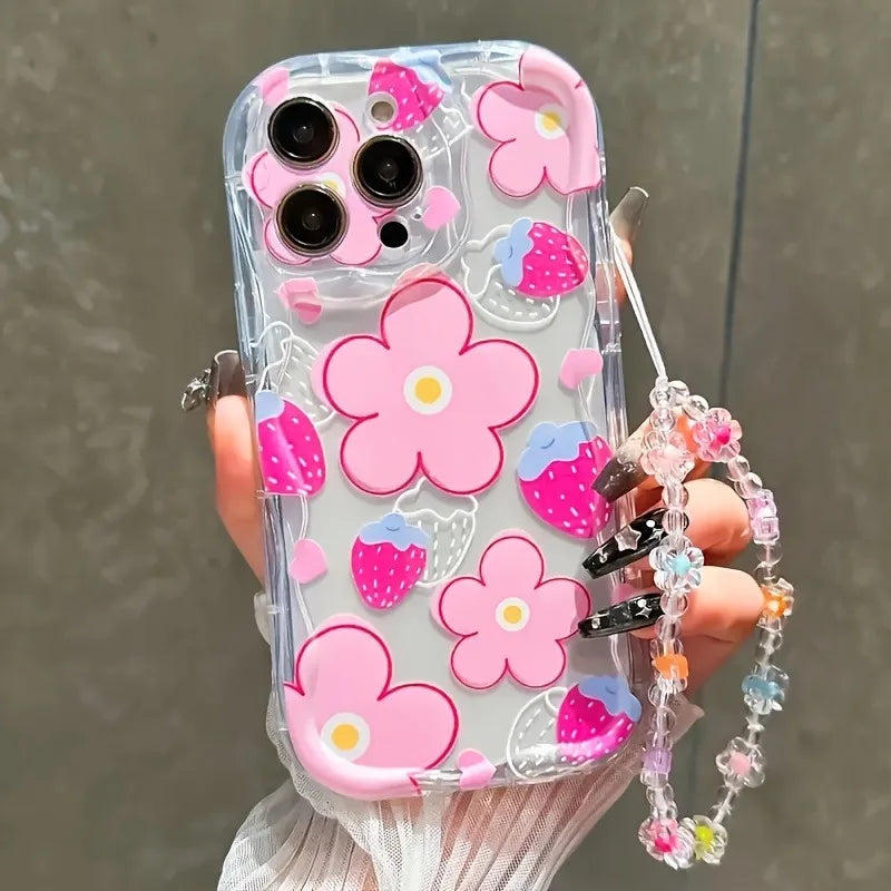Fashionable Strawberry Flower With Lanyard Pattern For iPhone
