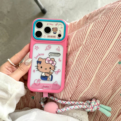Cute Large Window Hello Kitty Phone Case With Colorful Bead Woven Wrist Lanyard Shockproof Cover For iPhone