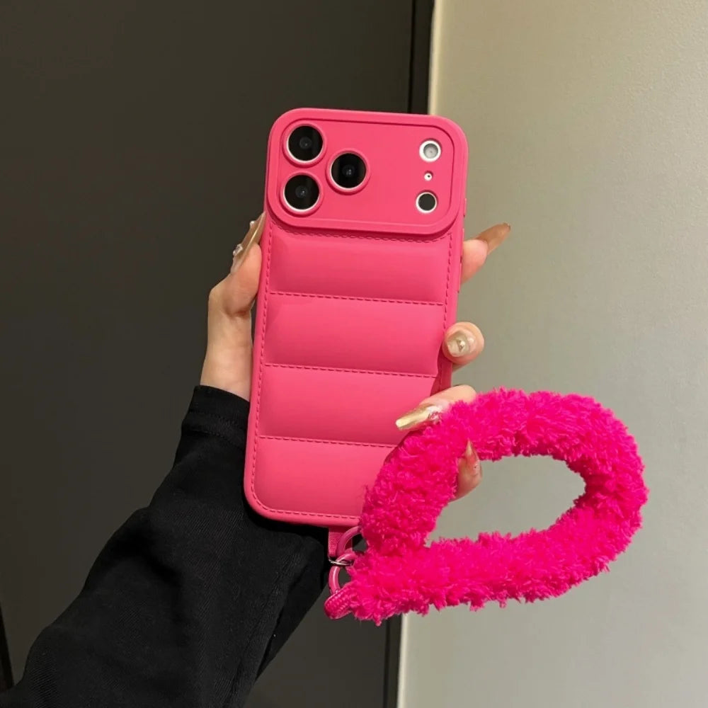 Luxury Down Jacket Furry Lanyard Case For iPhone