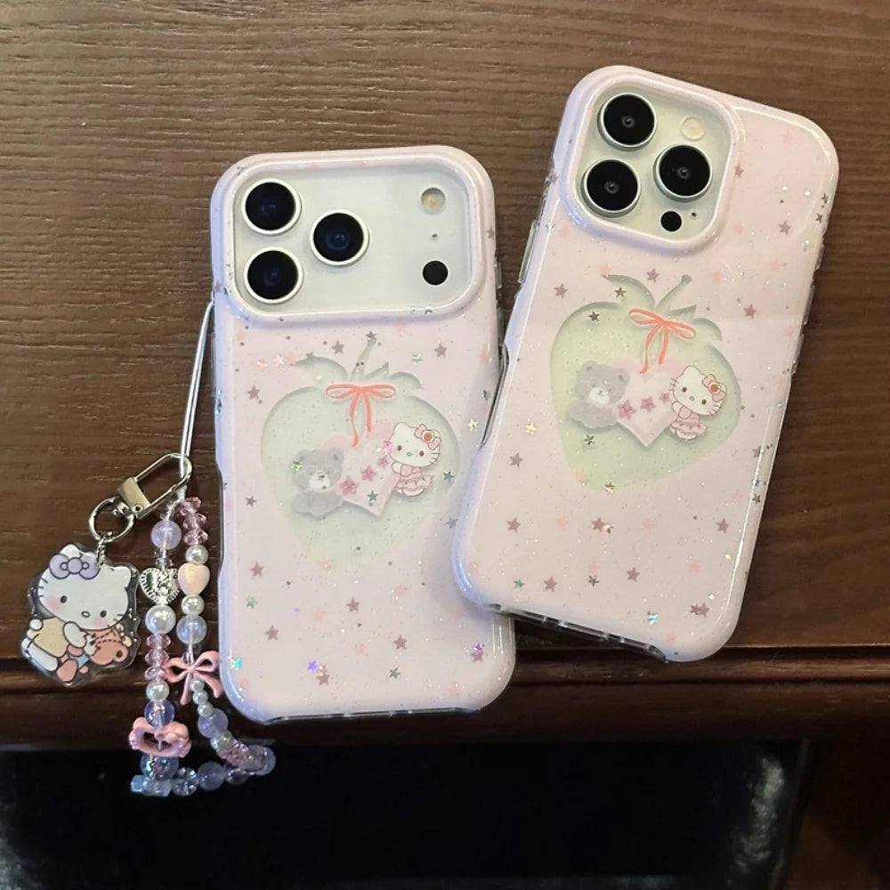 Cute Pink Star Flash Strawberry Kitty Phone Case For iPhone