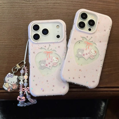Cute Pink Star Flash Strawberry Kitty Phone Case For iPhone