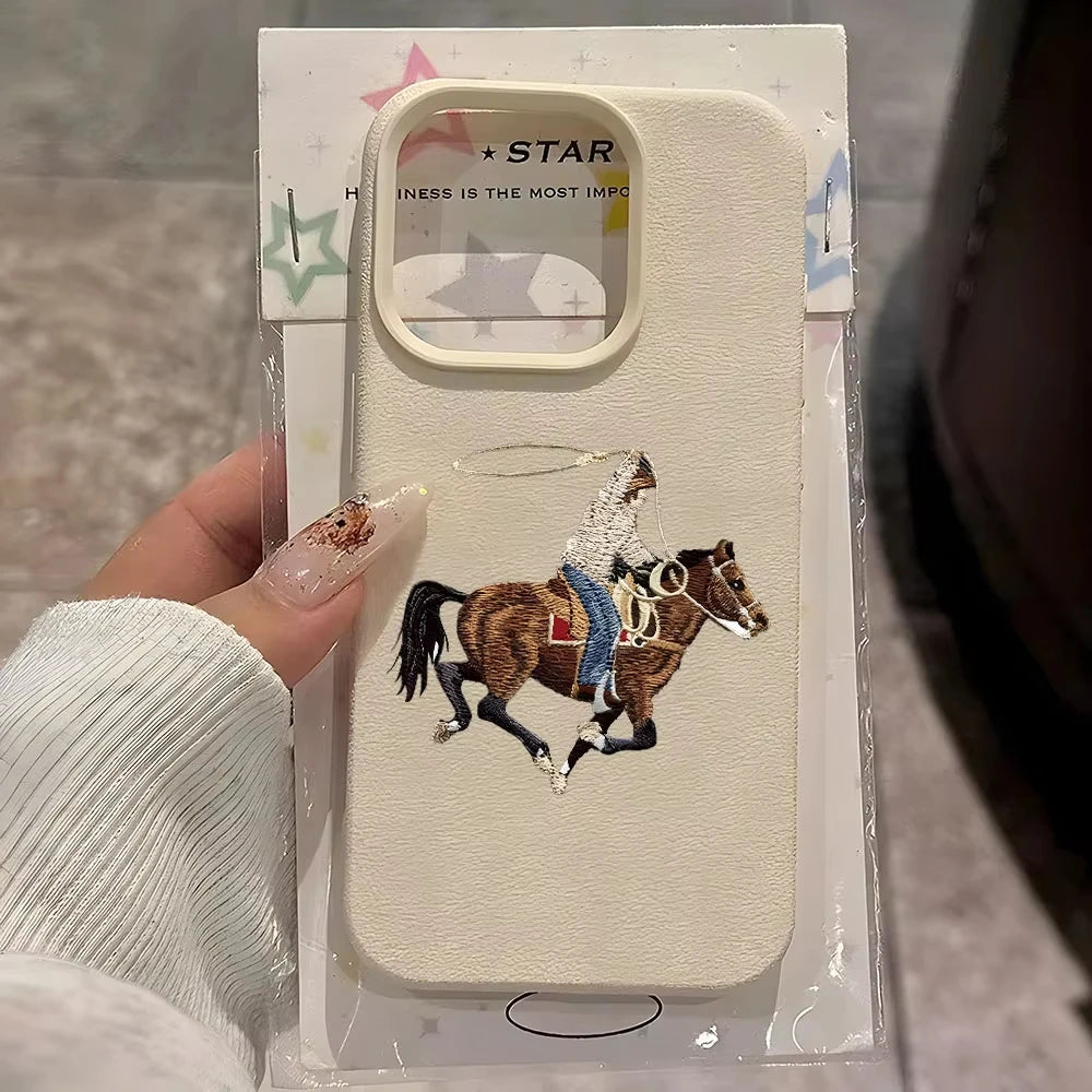 Retro Cowboy Riding Horse Pattran Lychee Soft Phone Case For iPhone