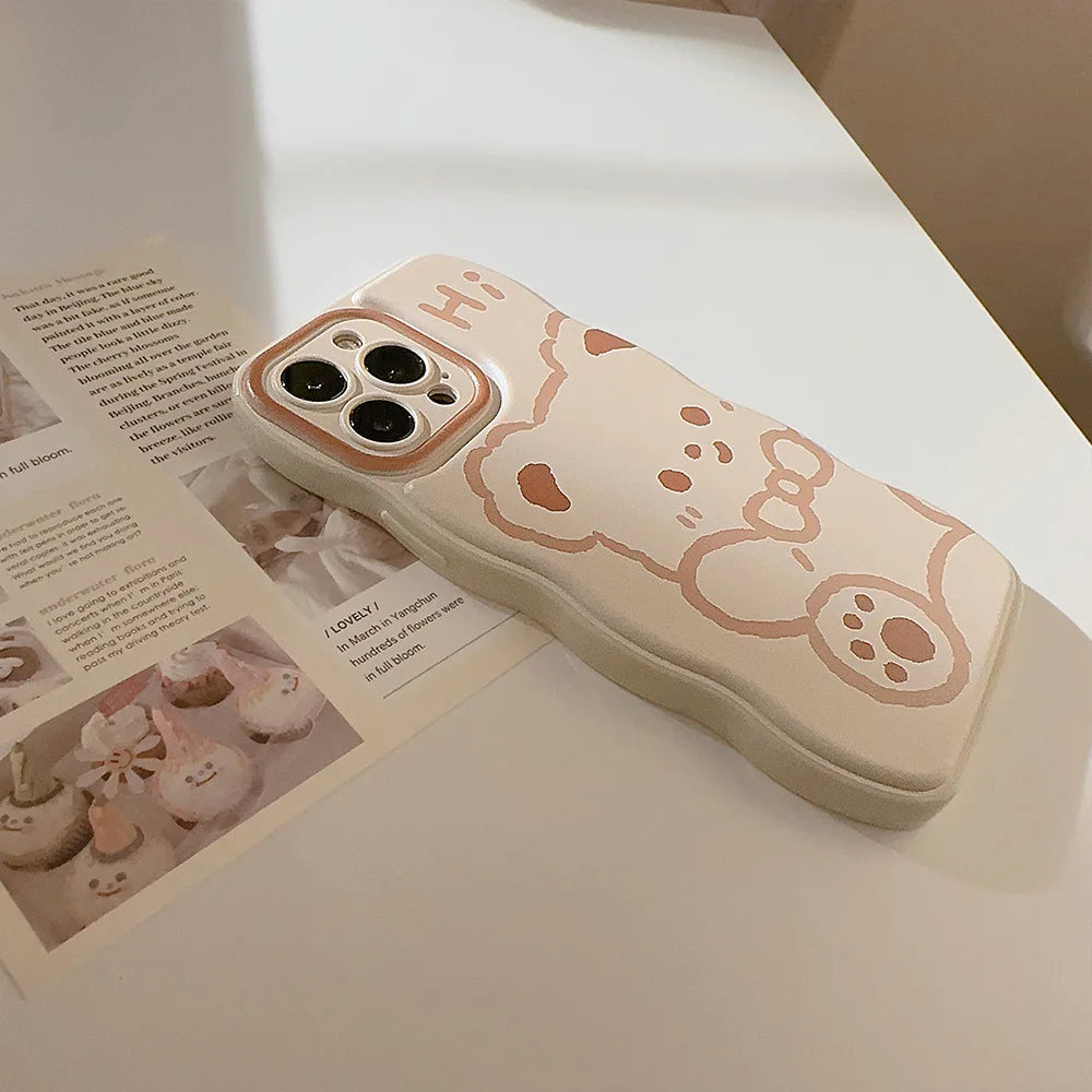 Korean Cartoon Bear Pattern Wavy Edge Phone Case For iPhone
