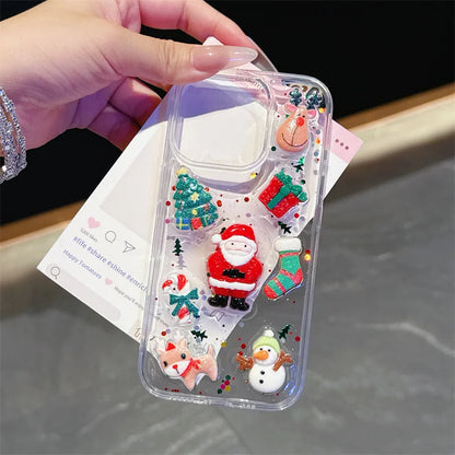 3D Cute Cartoon Christmas Drop Glue Glitter Phone Case For iPhone