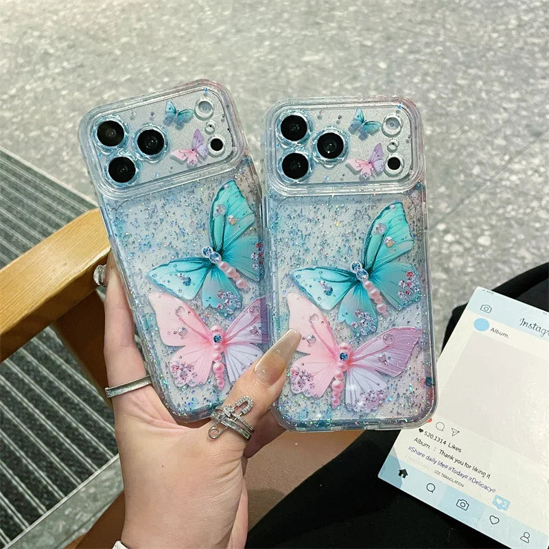 Luxury Sequins Pink Blue Diamond Butterfly Glitter Phone Case For iPhone