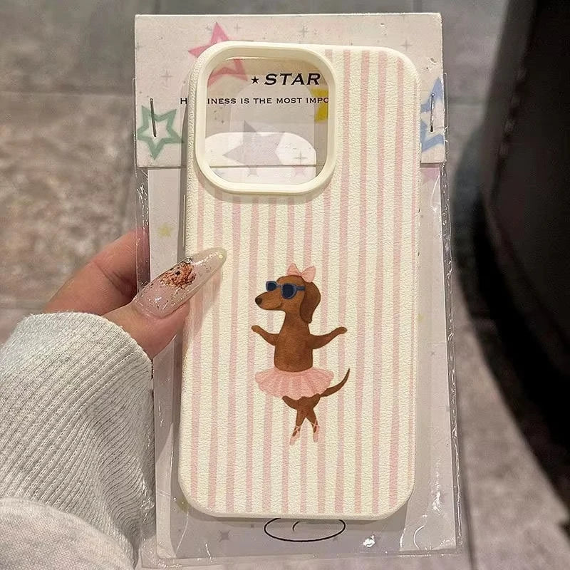 Striped Ballet Sausage Dog Pattern Lychee Texture Phone Case For iPhone