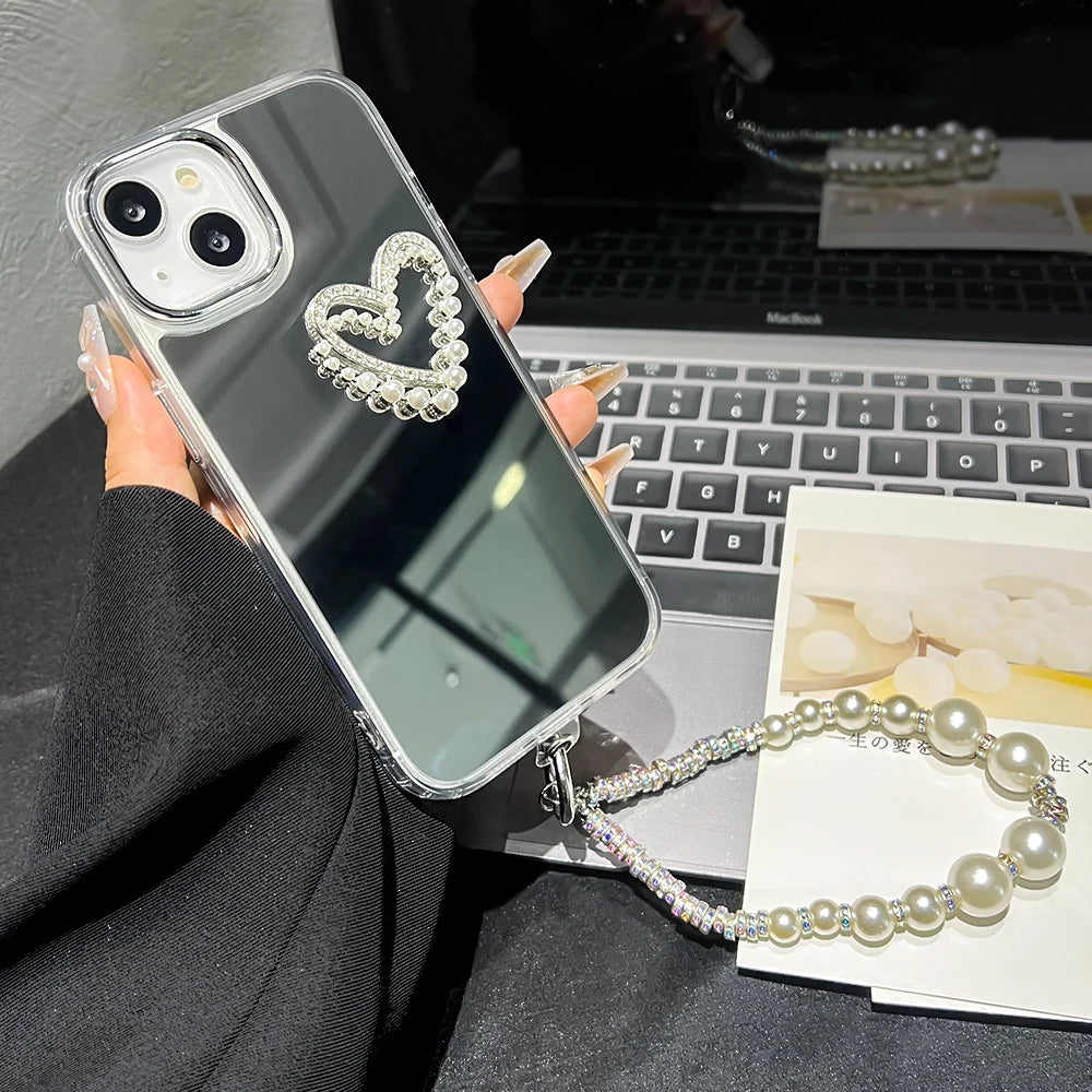 3D Love Heart Pearl Bracelets Chain Lanyard Phone Case For iPhone