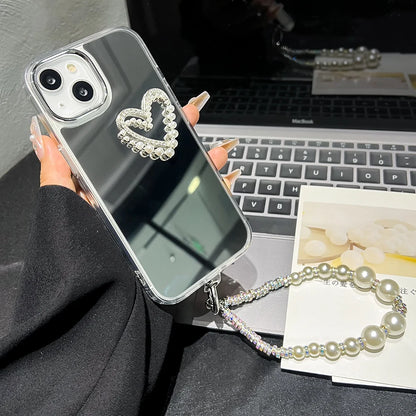 3D Love Heart Pearl Bracelets Chain Lanyard Phone Case For iPhone