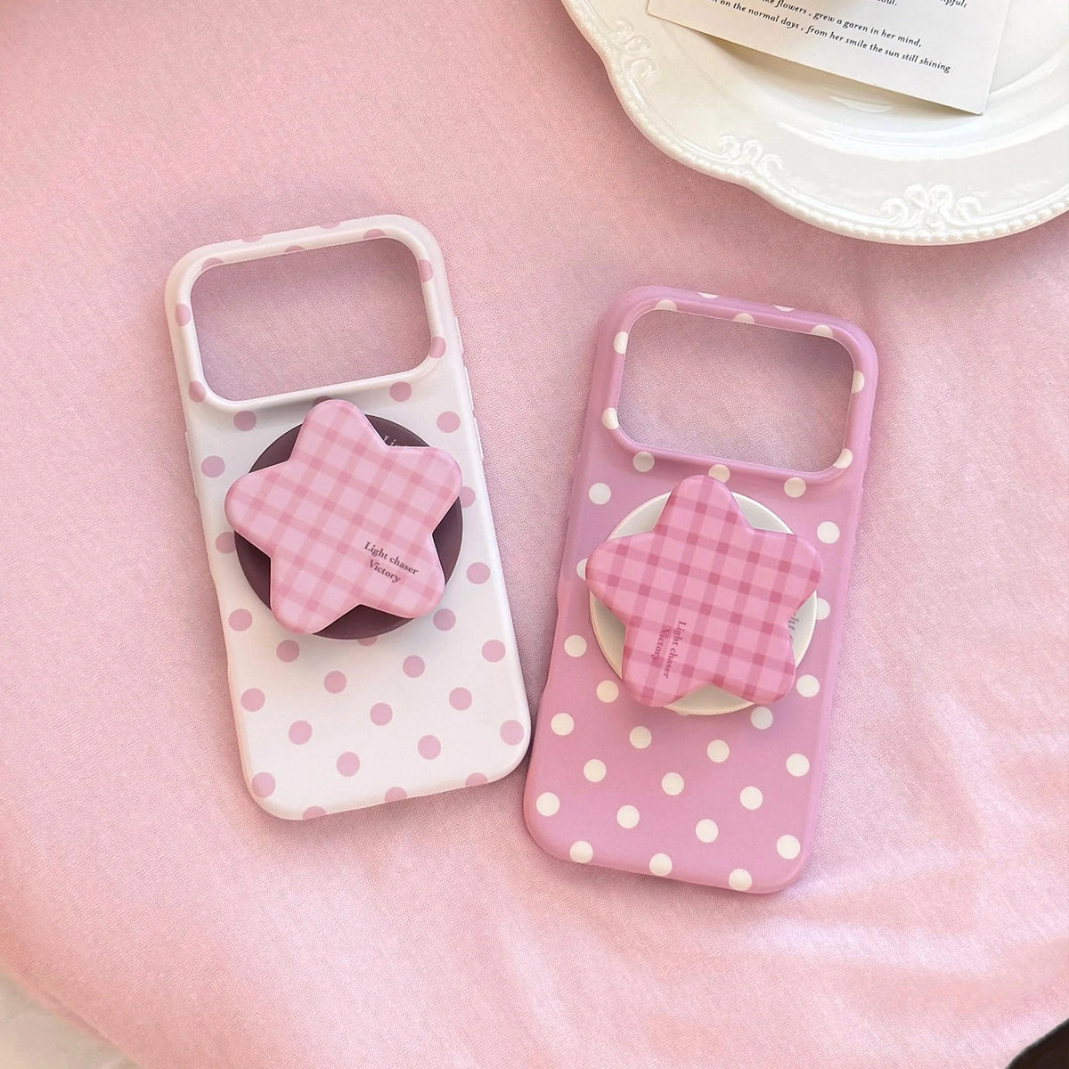 Korean Full Screen Polka Dots With Plaid Stars Magnetic Bracket Phone Case For iPhone
