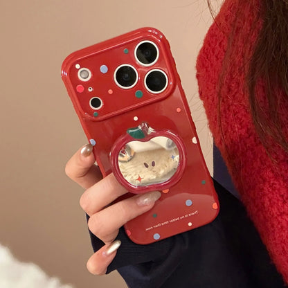 Korean Colorful Polka Dot Cartoon Red Apple Mirror Bracket Phone Case For iPhone