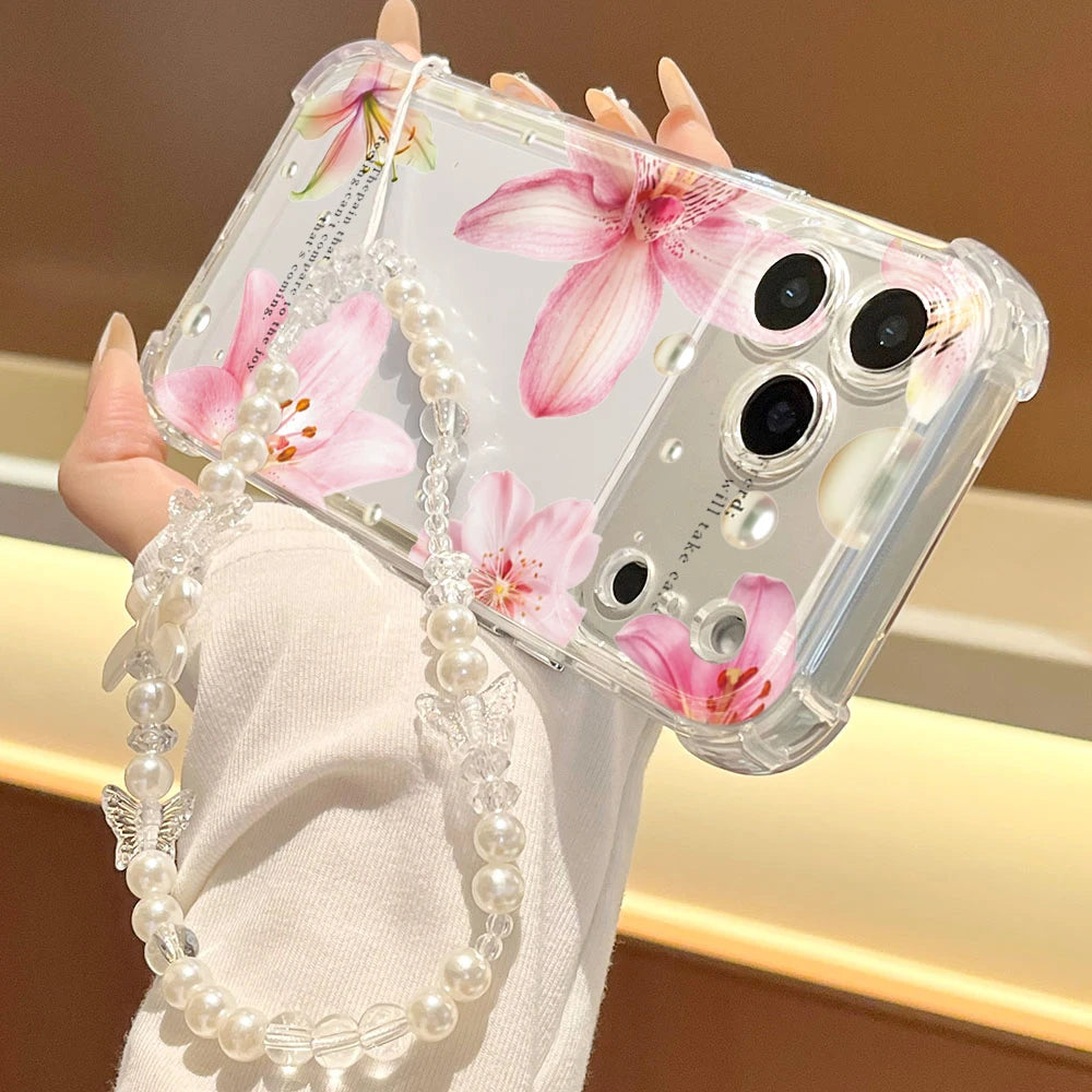 Pink Lily Flower Pattern Transparent Phone Case For iPhone