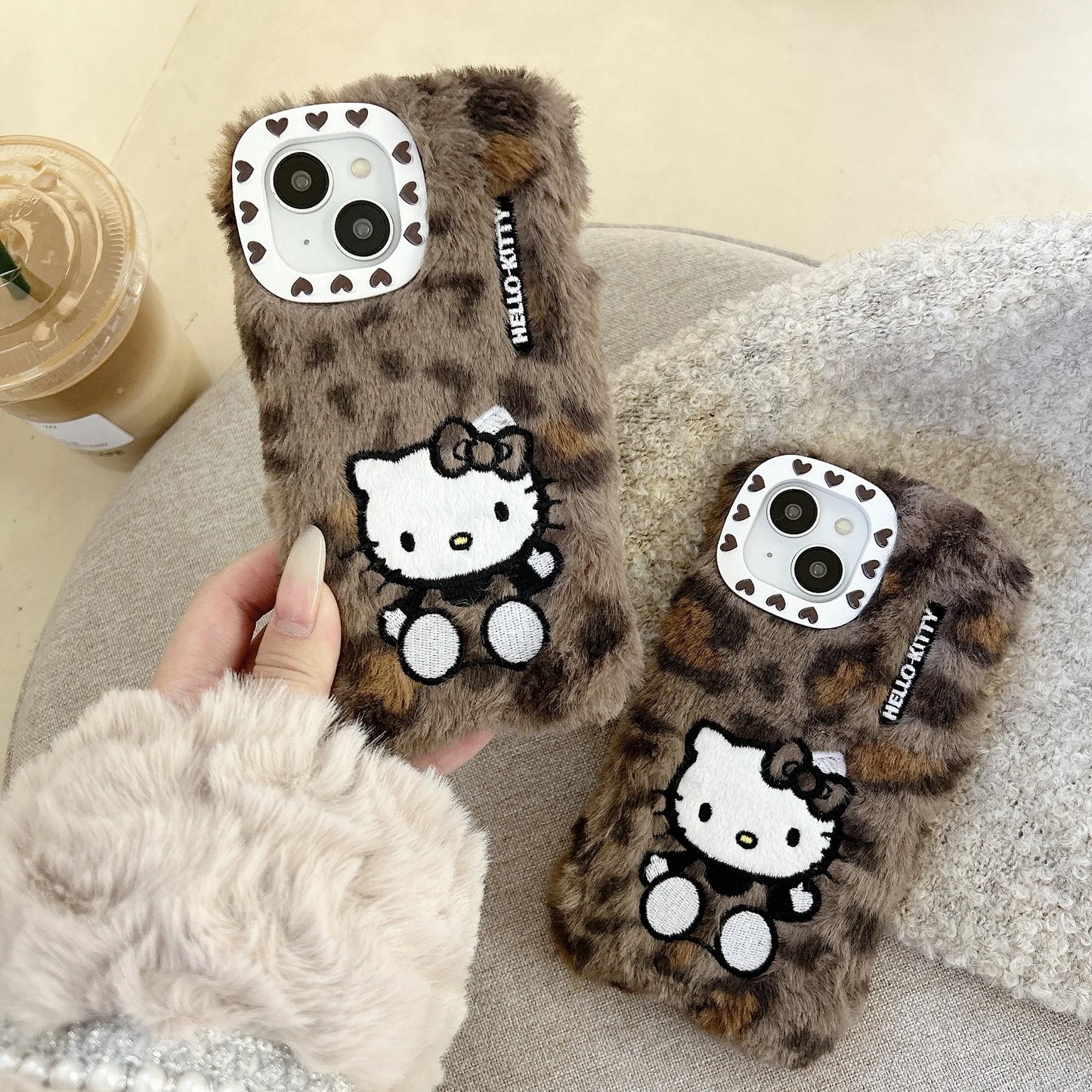 Hello Kitty Ins Plush Leopard Print Phone Case For iPhone