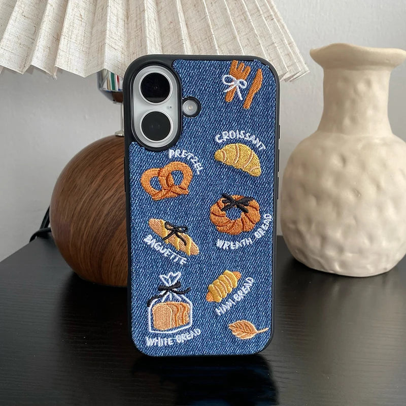 Retro Denim Embrpoidery Bread Toast Warm Fabric Phone Case