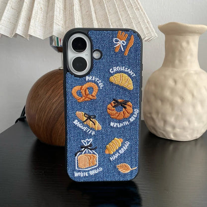 Retro Denim Embrpoidery Bread Toast Warm Fabric Phone Case