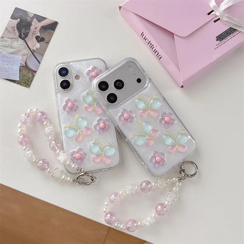 Korean 3D Colorful Flowers Butterfly Glitter Drop Glue With Chain Phone Case For iPhone