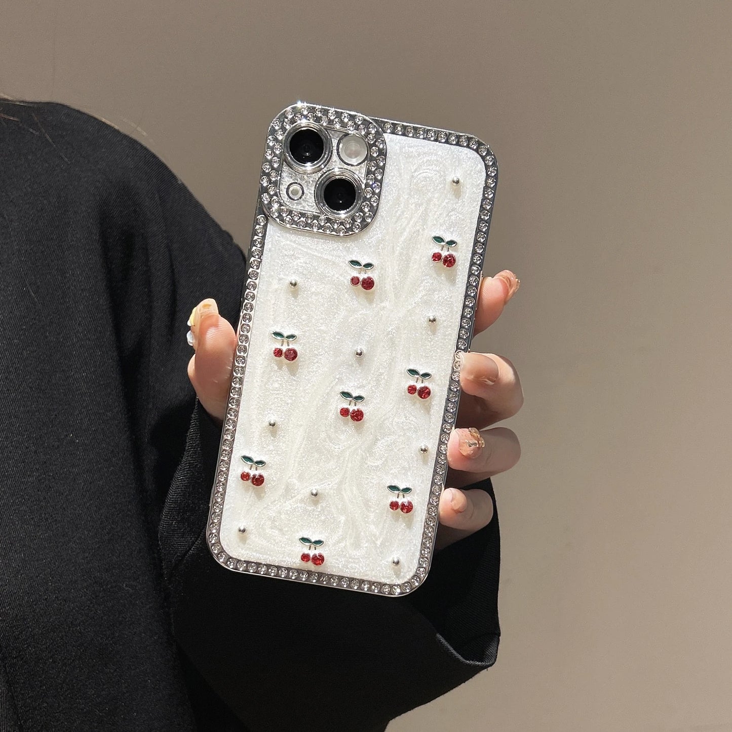 Glamorous & Sweet Zircon Frame Sparkling White Cherry Pattern Chic Phone Case