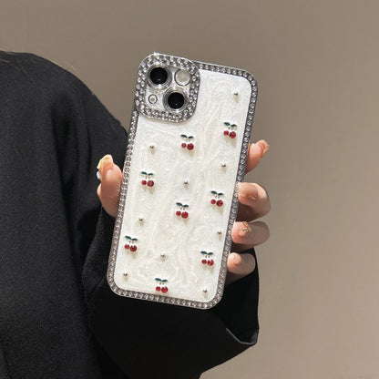 Glamorous & Sweet Zircon Frame Sparkling White Cherry Pattern Chic Phone Case