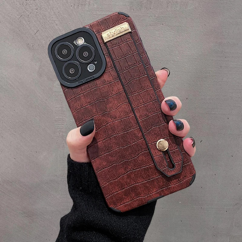 Imitation Crocodile Skin Leather Hand Wrist Strap Holder Phone Case