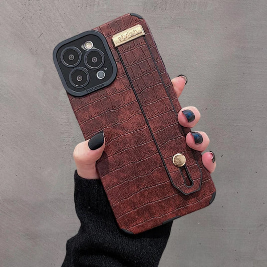 Imitation Crocodile Skin Leather Hand Wrist Strap Holder Phone Case