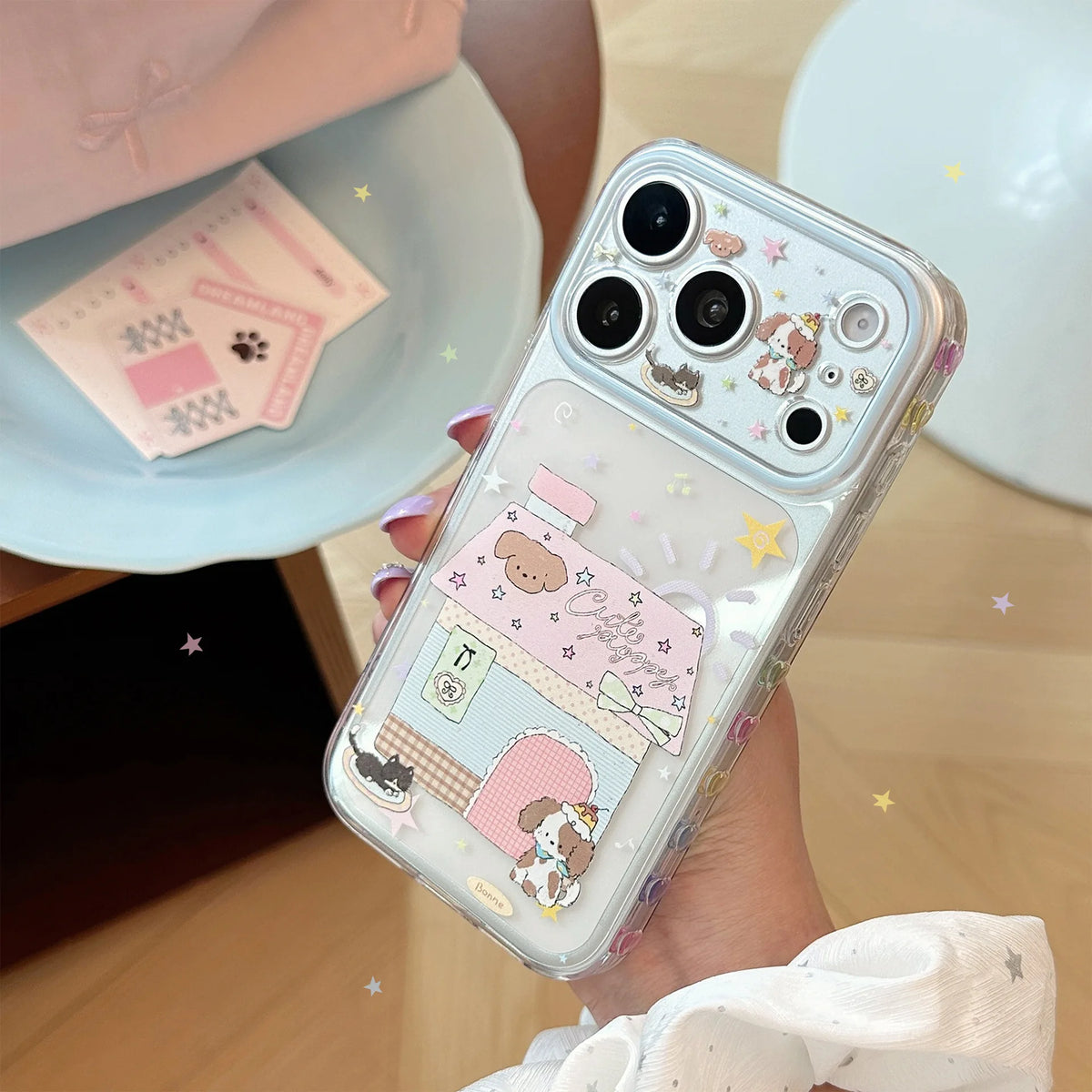 Korean Cartoon House Kitten Puppy Pattern Phone Case For iPhone