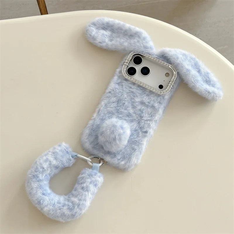 Cute Cartoon Leopard Print Rabbit Ears Furry Plush Phone Case For iPhone