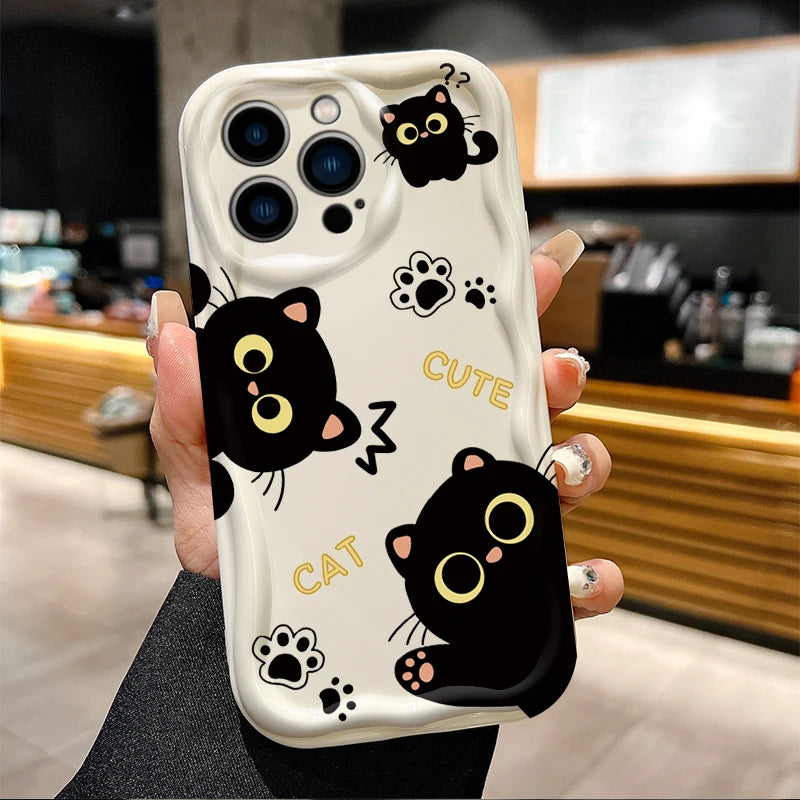 Cute Big Eyed Black Cat 3D Wave Phone Case  For iPhone