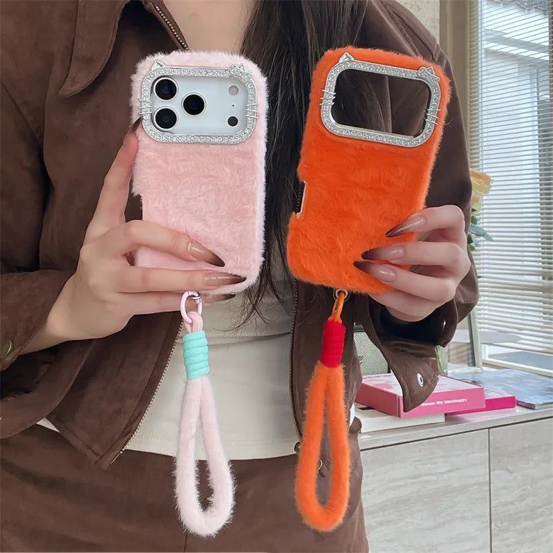 Luxury Solid Colors Diamond Fluffy Fur Plush Phone Case For iPhone