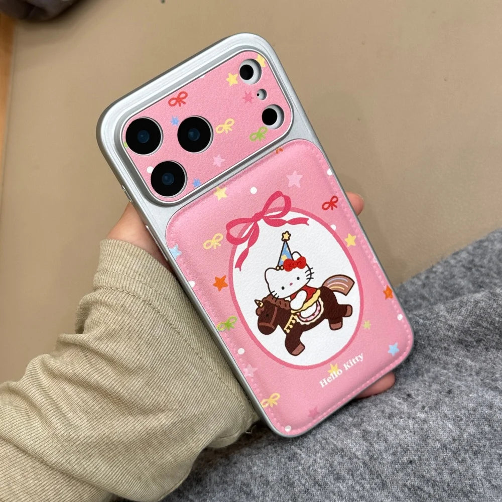 Korean Pink Riding Kitty Large Window Leather Phone Case For iPhone