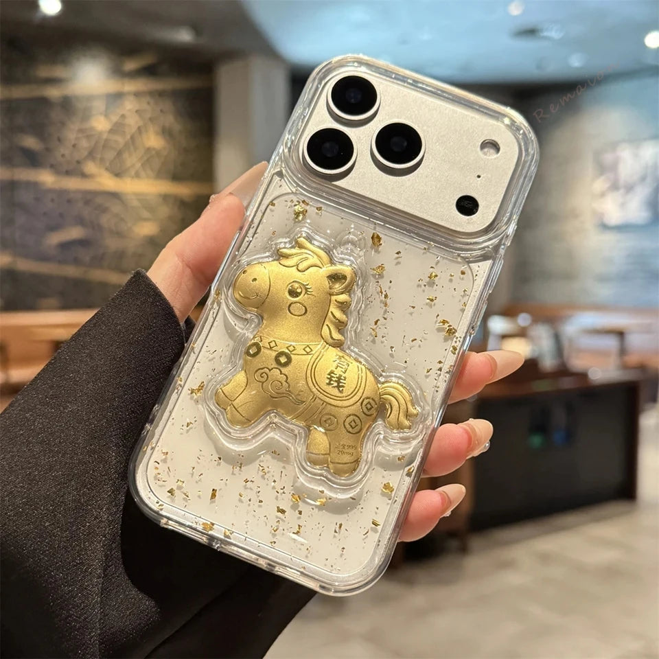 Clear Bling Bling  Glitter Gold Horse Phone Case For iPhone