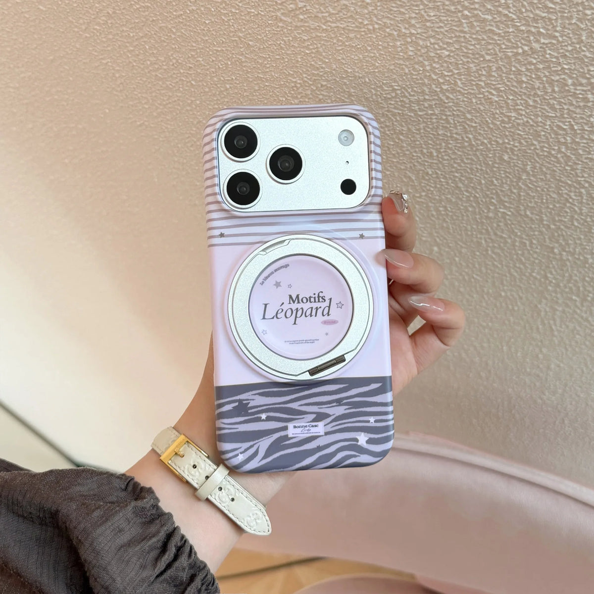 Korean Striped Splicing Fold 360° Rotating Magnetic Bracket Phone Case For iPhone