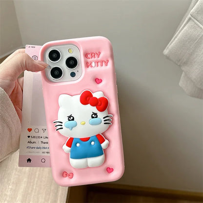 Kawaii 3D Cartoon Cry Hello Kitty Telescopic Bracket Soft Silicone Phone Case For iPhone