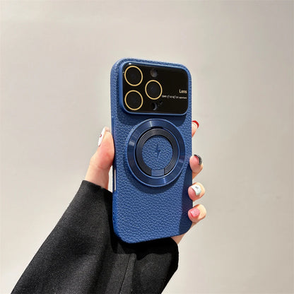 Large Window Litchi Texture For Magsafe Magnetic Case For iPhone