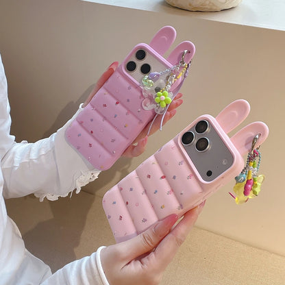 Sweet Cute Flowers Print Stereoscopic Rabbit Ears With Pendant Shock Proof Phone Cover Case For iPhone