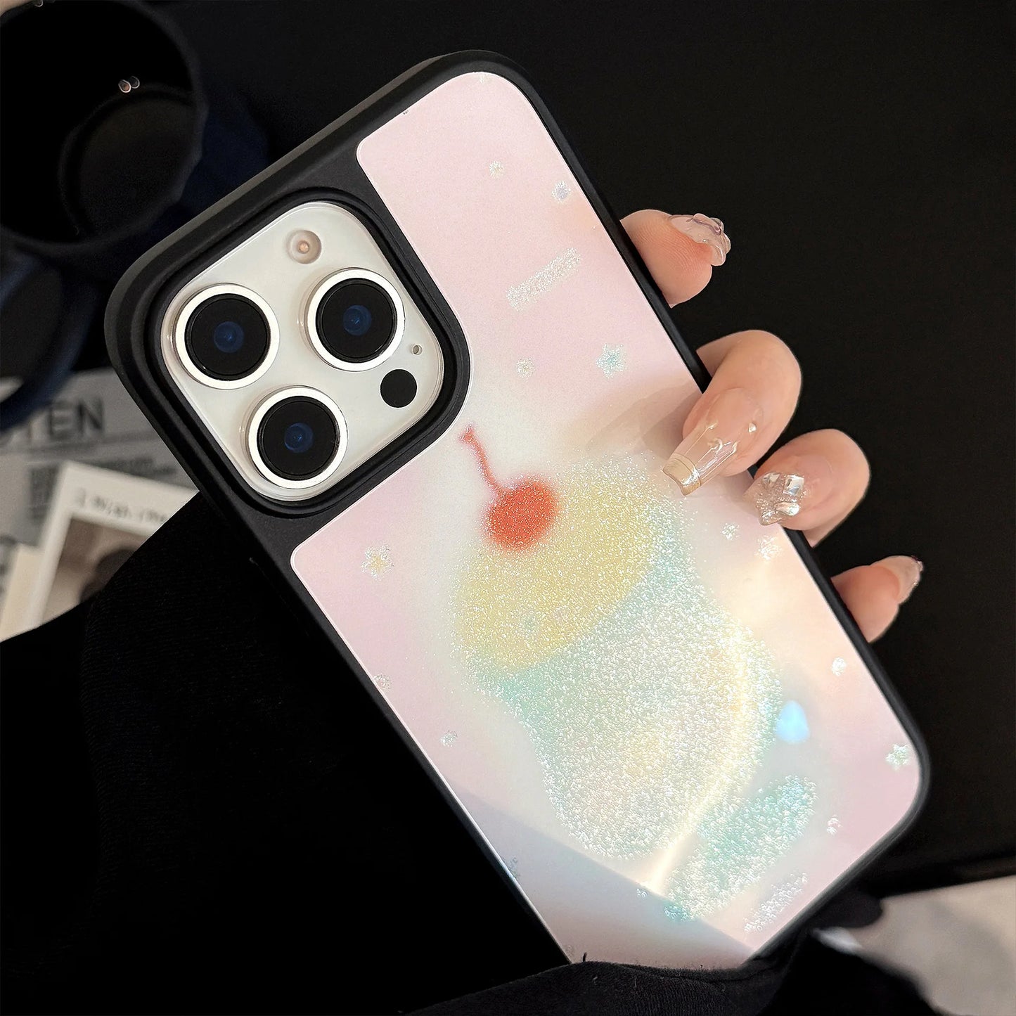 Korean Black Frame Glitter Cherry Juice Cup Phone Case For iPhone