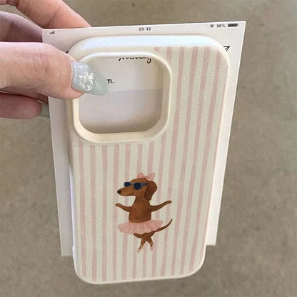 Striped Ballet Sausage Dog Pattern Lychee Texture Phone Case For iPhone