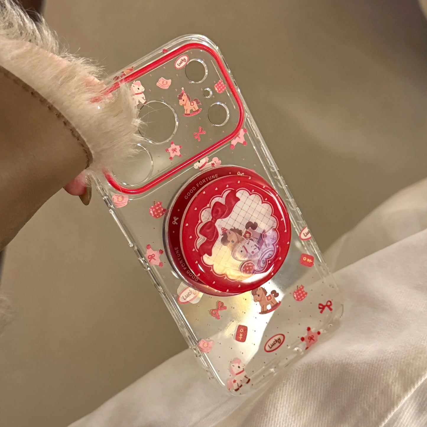 2026 Korean Cartoon Pony Quicksand Magnetic Bracket Phone Case For iPhone
