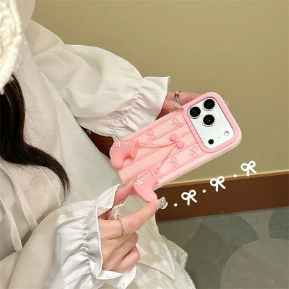 3D Cartoon Pink Boots Bowknot Pendant Striped Phone Case For  iPhone