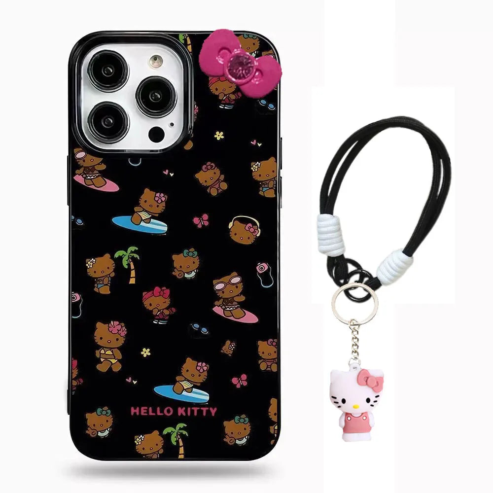 Black Skin Hello Kitty Sexy Bow Strap Mirror Phone Case For iPhone