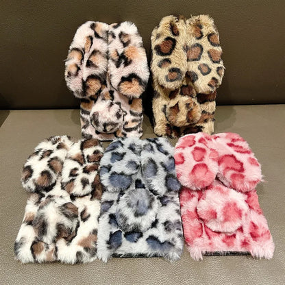 Cute Cartoon Leopard Print Bunny Fur Plush Phone Case For iPhone