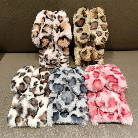 Cute Cartoon Leopard Print Bunny Fur Plush Phone Case For iPhone
