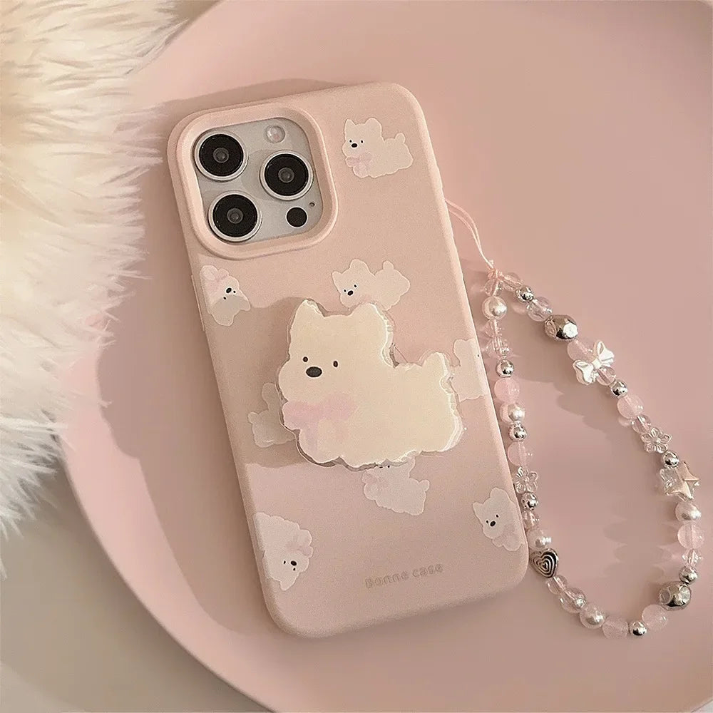 Ins White Dog Puppy Stand Holder Bracelet Phone Case For iPhone