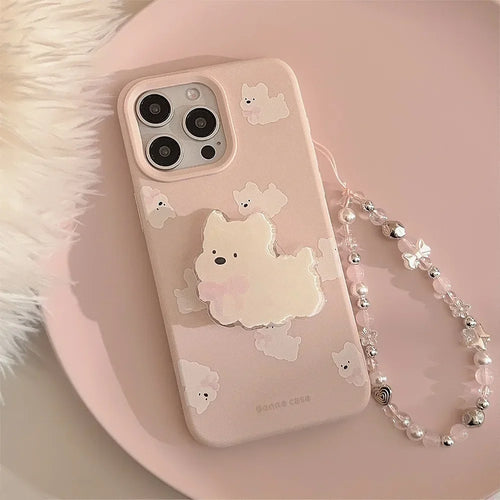 Ins White Dog Puppy Stand Holder Bracelet Phone Case For iPhone