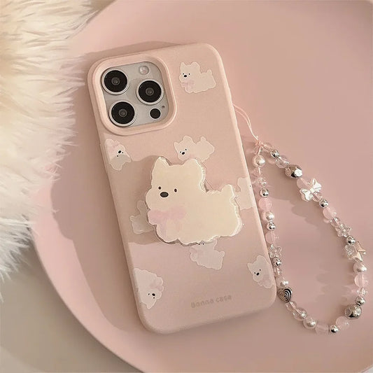 Ins White Dog Puppy Stand Holder Bracelet Phone Case For iPhone